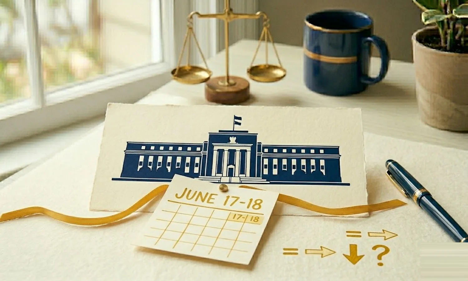 Federal Reserve building silhouette with a June 17 calendar page and interest-rate arrows — FOMC June 2026 rate decision recap.