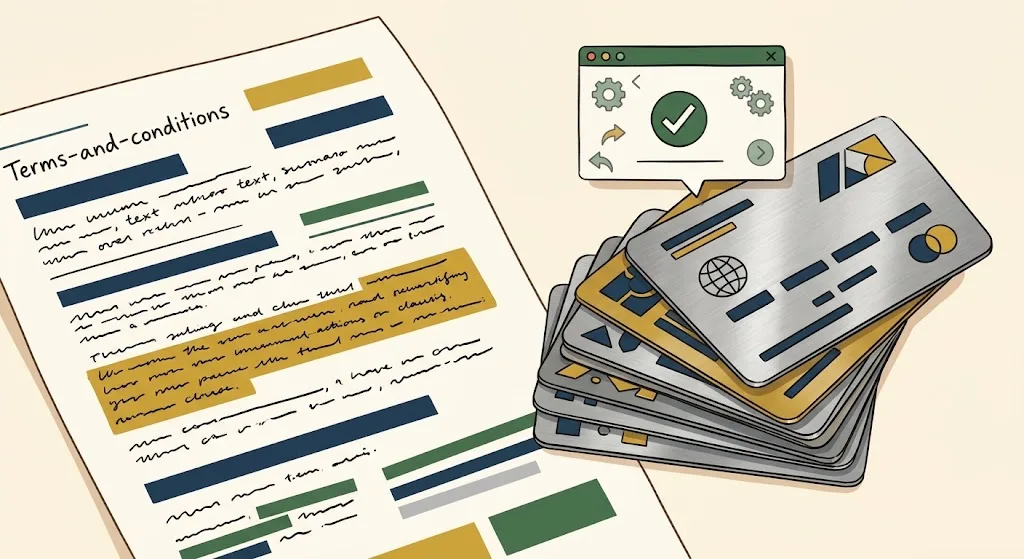 Fanned metal credit cards beside a terms document with one highlighted clause and a hovering pop-up dialog — the Amex once-per-lifetime rule and how NLL offers are checked.