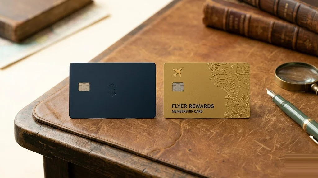 Two credit cards side by side on a leather desk pad — the left minimalist with a small dollar mark, the right embossed with a tiny mustard airplane silhouette — cash back versus travel rewards comparison.