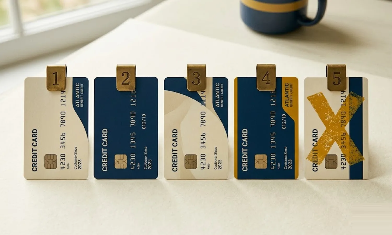 Five credit cards in a row on cream paper with brass number tags one through five, the fifth stamped with a mustard X — Chase 5/24 rule application strategy.