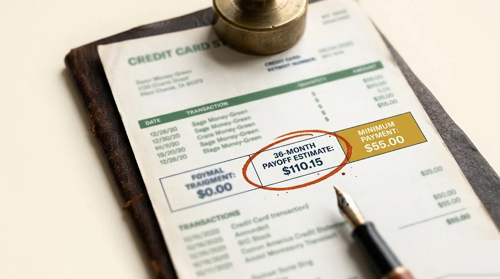 Printed credit card statement with the minimum-payment box highlighted in mustard and a separate 36-month payoff box circled in red — credit card minimum payment trap math.