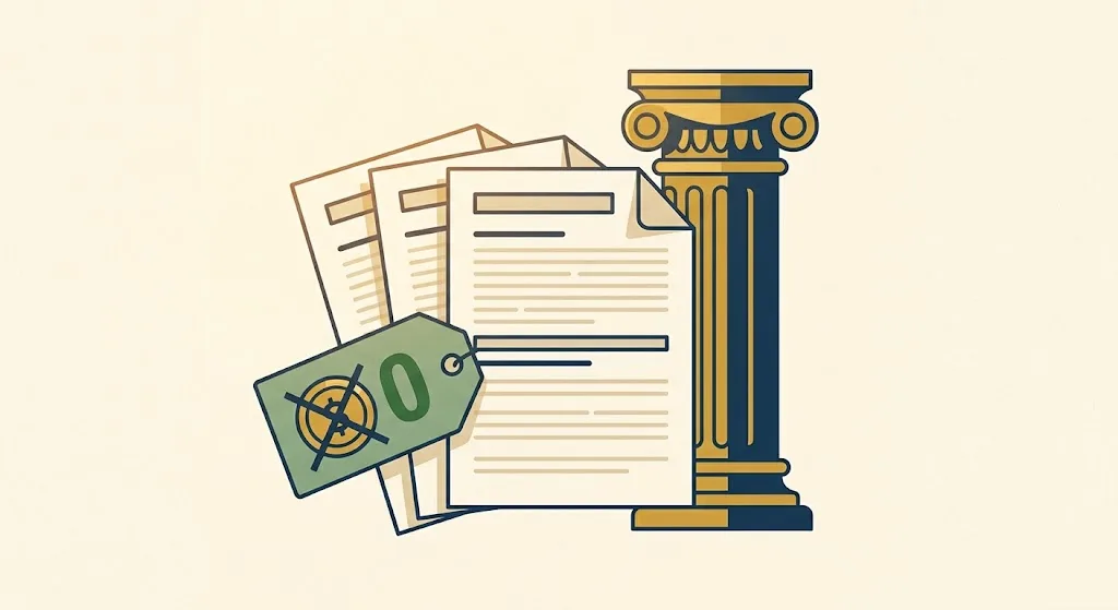 Three paper credit reports fanned out with a price tag showing a crossed-out coin and a green zero, a courthouse column behind — the free credit reports mandated by 15 USC 1681j.