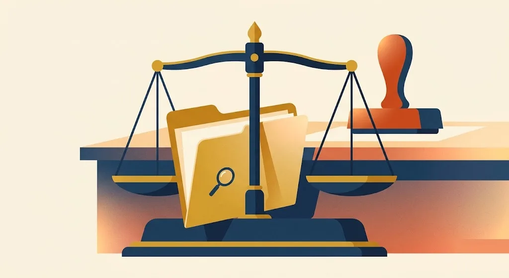 Manila folder with a magnifier icon held back by a balance scale standing before a desk with a rubber stamp — the legally required pause of pre-adverse action rights in employment background checks.