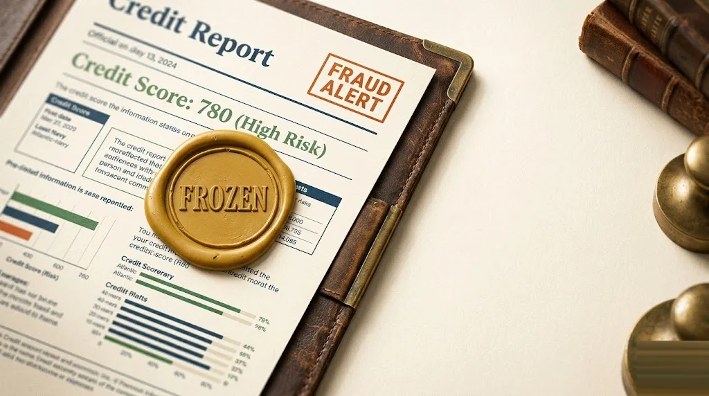 Credit-report document with a mustard "FROZEN" wax seal in the center and a smaller secondary "FRAUD ALERT" flag in the corner — credit freeze plus fraud alert layered protection at Equifax, Experian, and TransUnion.