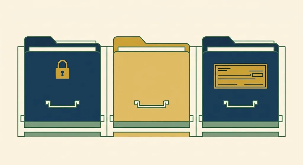 Three file folders side by side, one padlocked and one marked with a bank check, arranged like locked drawers — freezing Innovis, Clarity Services and Early Warning specialty credit reports.