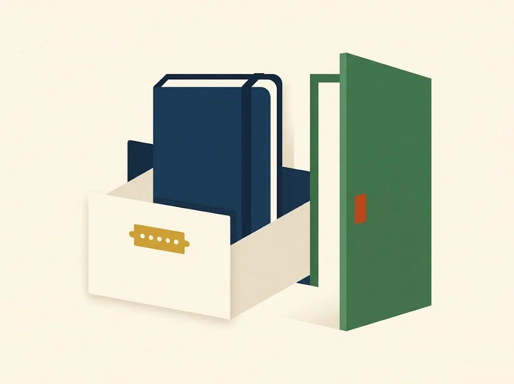 Editorial illustration of a closed checking-account folder beside a five-year calendar, representing how to get out of ChexSystems after a closed account