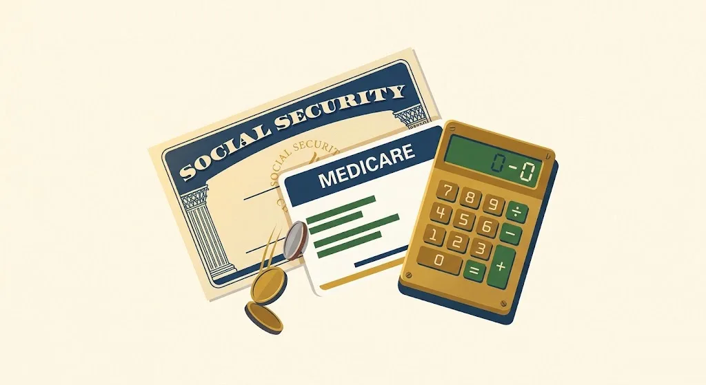 Social Security check partly covered by a Medicare card with a brass calculator beside them and coins sliding toward the card — calculating what a 2027 COLA raise leaves after the Part B premium.