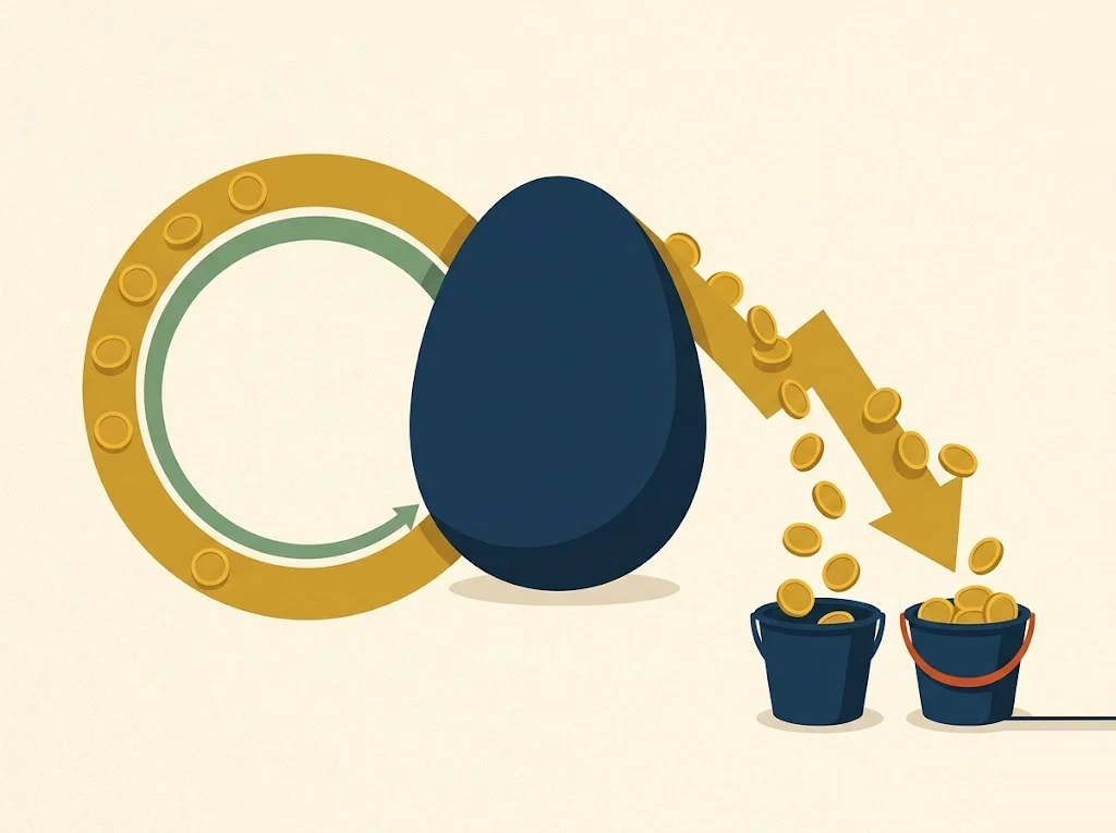 A retirement nest egg splits two ways: a 401(k) loan path that loops back into the navy account versus a withdrawal path where mustard coins fall away into tax and penalty buckets.