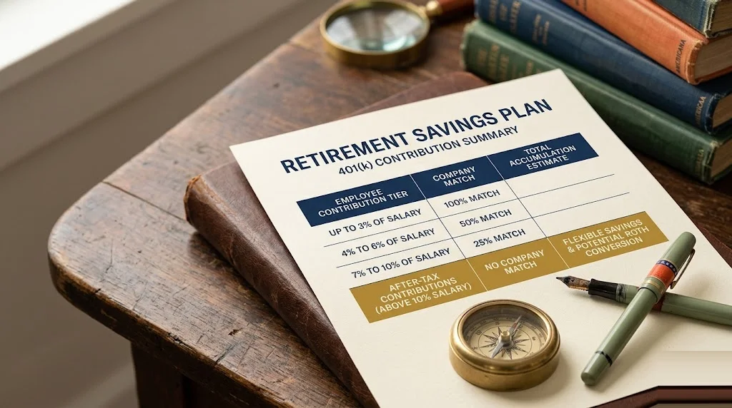 401(k) plan summary document showing a tiered contribution table with the after-tax tier highlighted in mustard, brass paperweight at the corner — mega backdoor Roth explained for high-income savers.