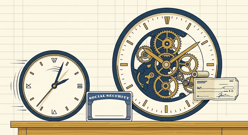 Two clock faces of different sizes linked by gears to a paycheck stub and a Social Security card — the 2027 Social Security figures tracker for SGA, work credits and the earnings test.