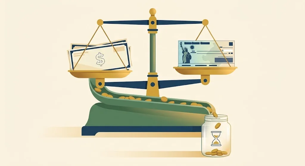 Two-pan balance scale weighing paycheck envelopes against a Treasury check while coins slide down a chute into a glass jar with an hourglass mark — the Social Security earnings test defers benefits rather than taking them.