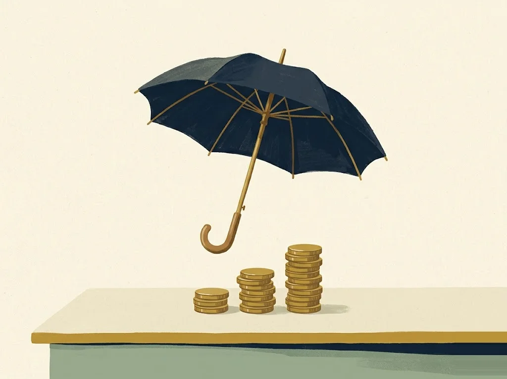 Vintage brass-framed umbrella with a navy canopy opened above three small stacks of brass coins on a paper-cream desk — how FDIC insurance works and the per-depositor, per-bank, per-ownership-category limits.