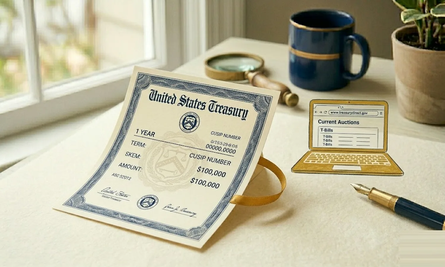 US Treasury bill certificate on cream paper with a mustard laptop silhouette beside it showing a web browser — how to buy Treasuries on TreasuryDirect.
