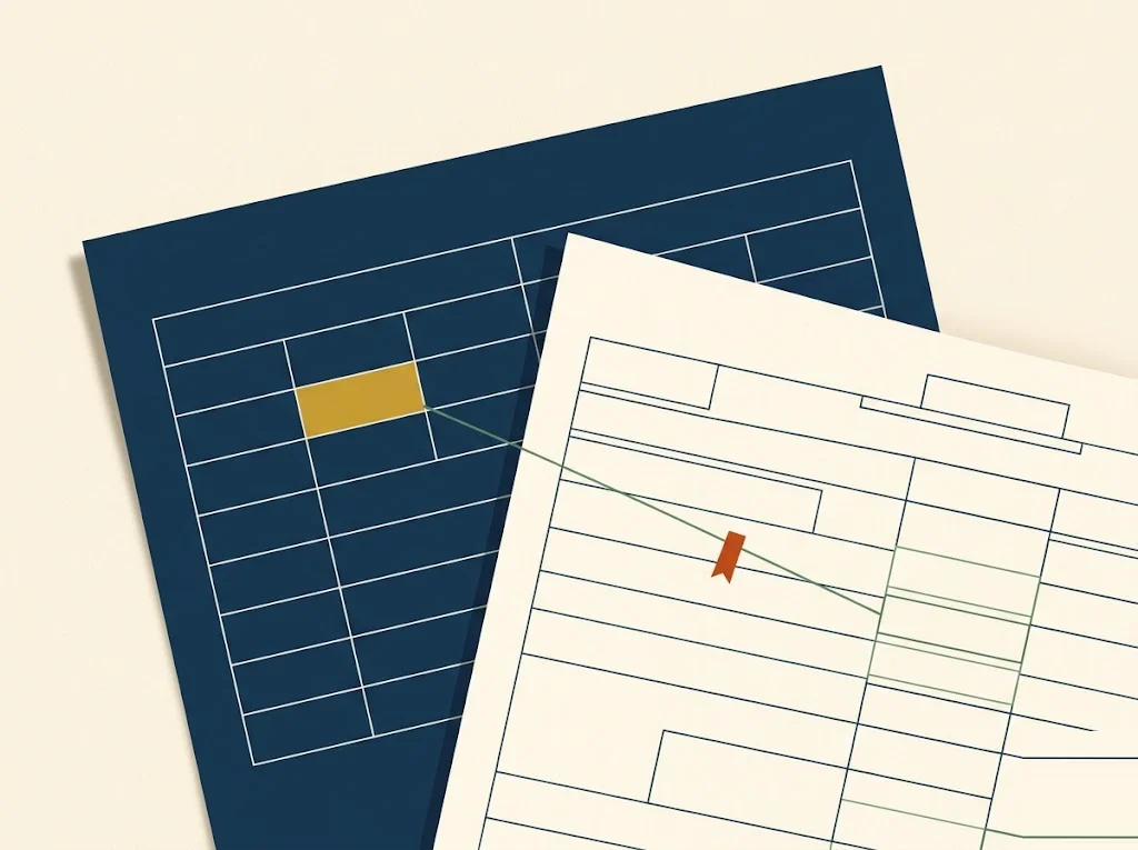 Editorial illustration of a stock-option pay stub beside an IRS Form 8949 with a corrected cost-basis figure, representing a W-2 box 12 Code V adjustment